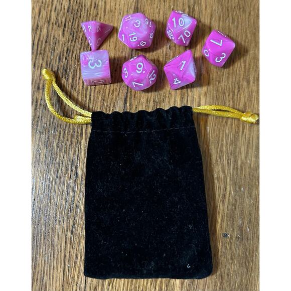 Polyhedral Dice Set Pink Pearl 7 pc Dungeons and Dragons Black Gold Velvet Bag - Picture 2 of 2